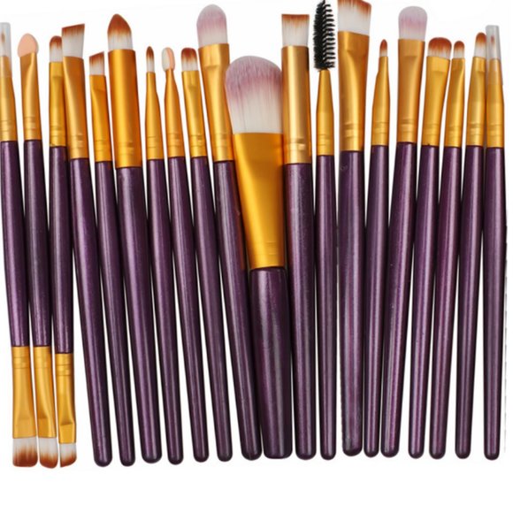 Makeup Brushes - Set of 20 - Purple Handles - 6 long - with Leather Travel Case - Picture 1 of 8